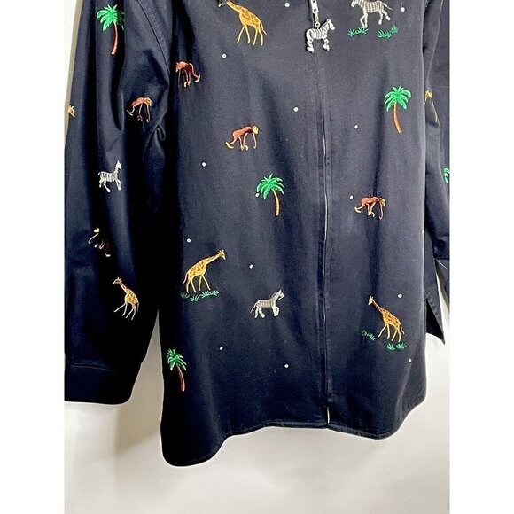 Quacker Factory Jacket Black Embroidered Jungle Animals Palm Trees Zip Up Casual - Picture 5 of 15
